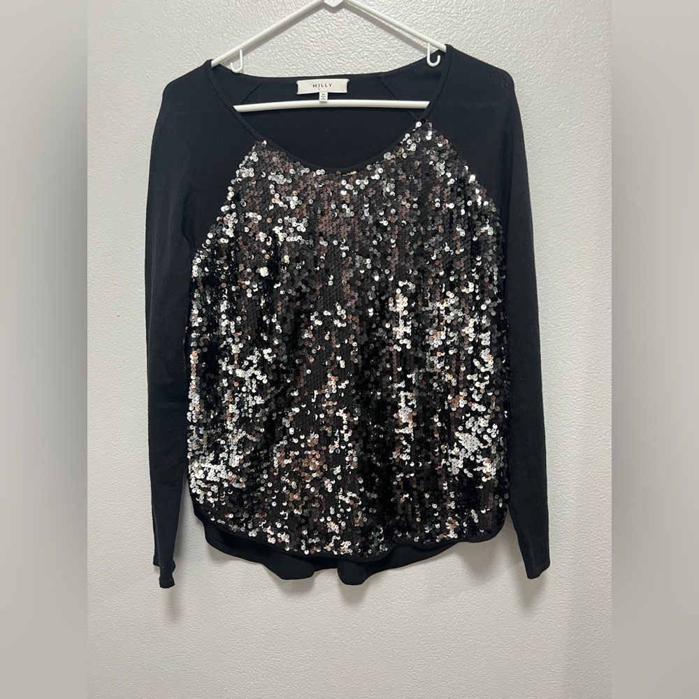 Milly Black Merino wool size medium Sequin Front Long-Sleeve sweater